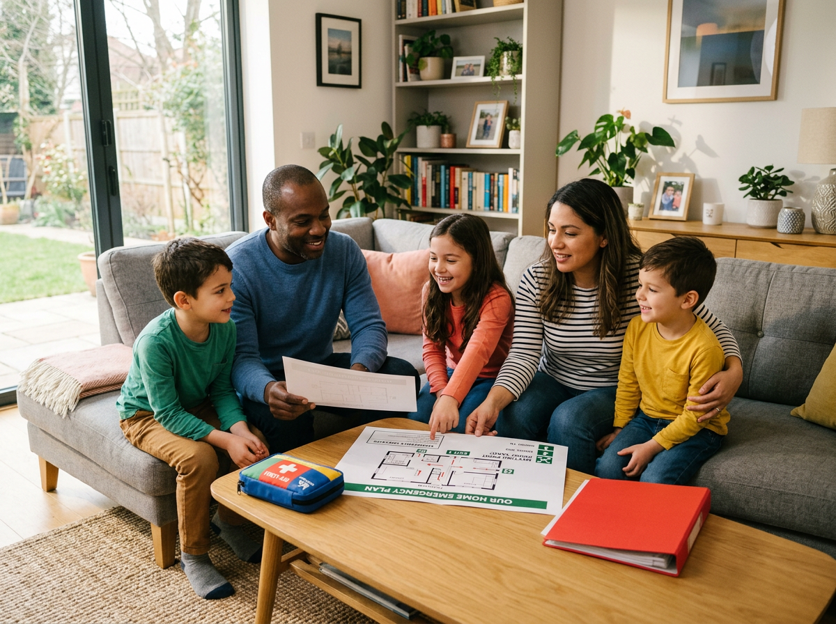 A family reviewing a home fire safety and evacuation plan together at home